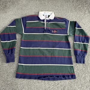 Barbarian Rugby Polo Shirt Mens L Breckenridge Co Blue Green Stripe Long Sleeve